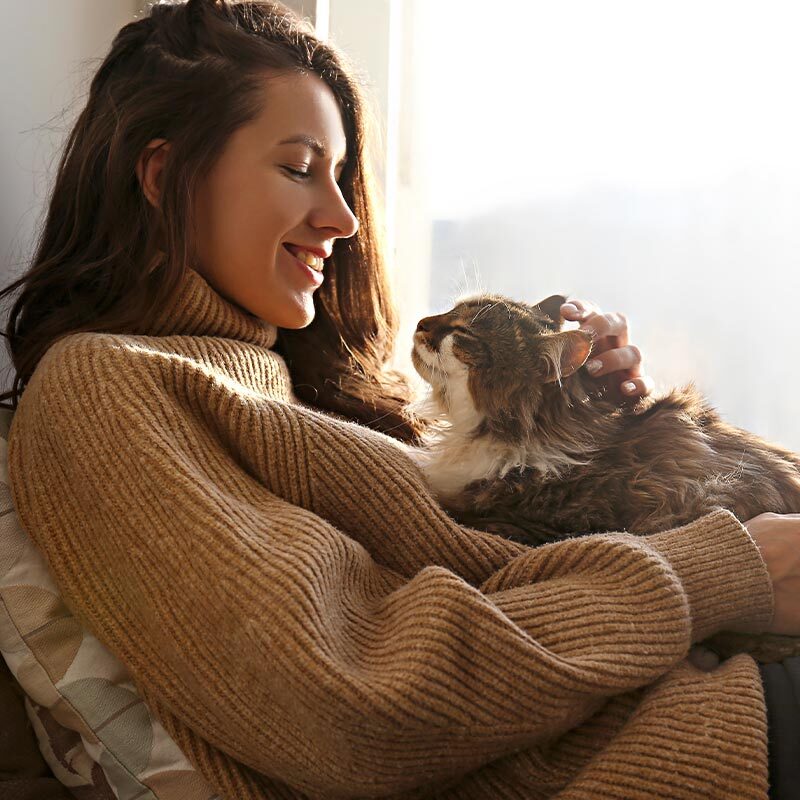 Happy Woman Petting Fluffy Cat